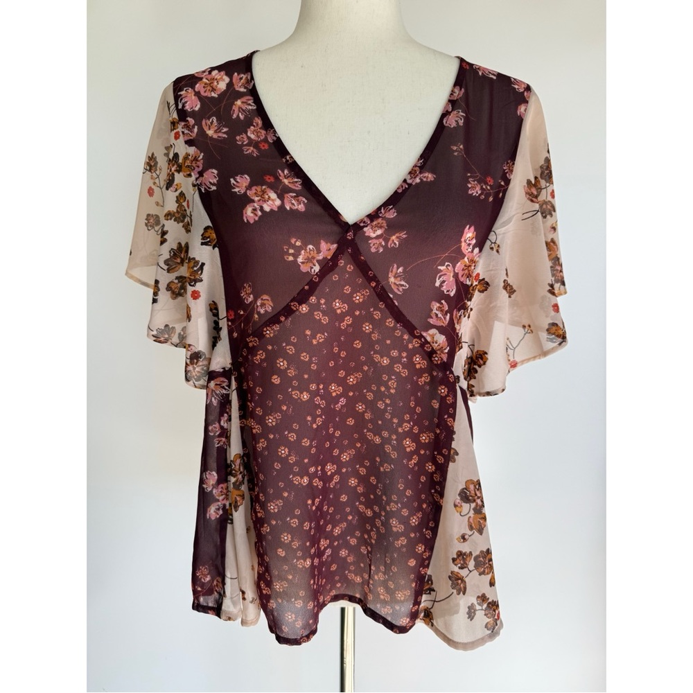 Lucky Brand Top Womens S Boho Floral Peasant Blouse Flutter Sleeve Fairy Y2K